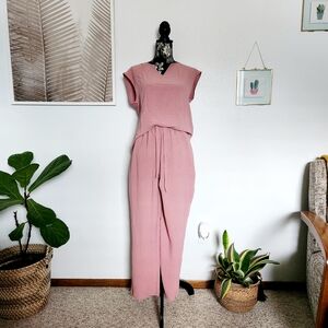 2 Piece Sleeveless V Neck Silky Tank Top with High Waist Wide Leg Pant